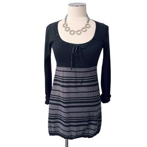 DKNY JEANS Cotton Dress Tunic Striped Bow Front Black Gray Sz S